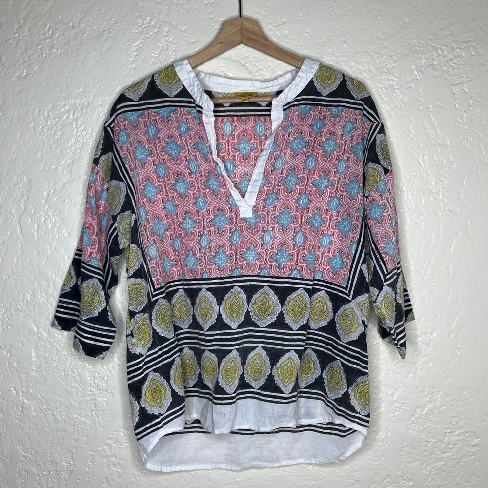 Roberta Roller Rabbit Cotton Tunic Top XS/S Pink Blue Block Print Boho V-Neck